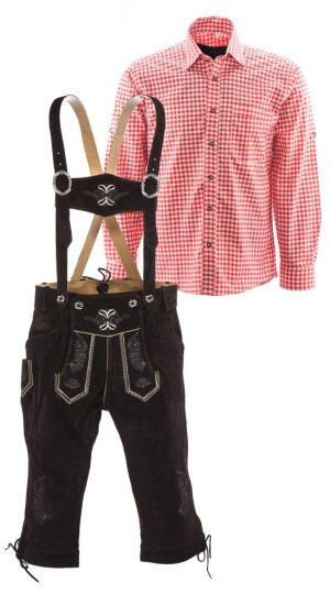 Bruin en rood combinatie lederhosen set