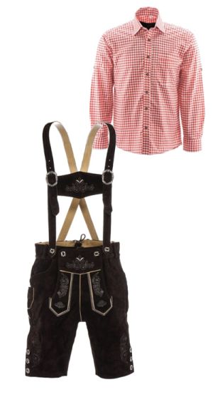 Korte lederhosen bruin en rood overhemd set