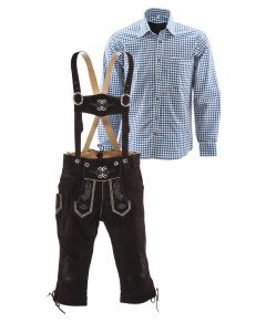 Bruin en blauw combinatie lederhosen set