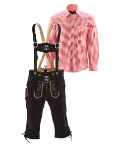 Bruin en rood combinatie lederhosen set