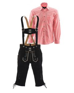 Zwart lederhosen rood overhemd