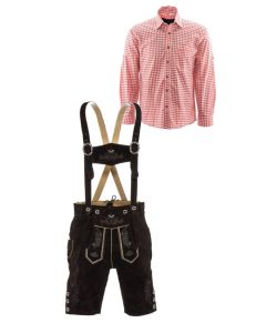 Korte lederhosen bruin en rood overhemd set